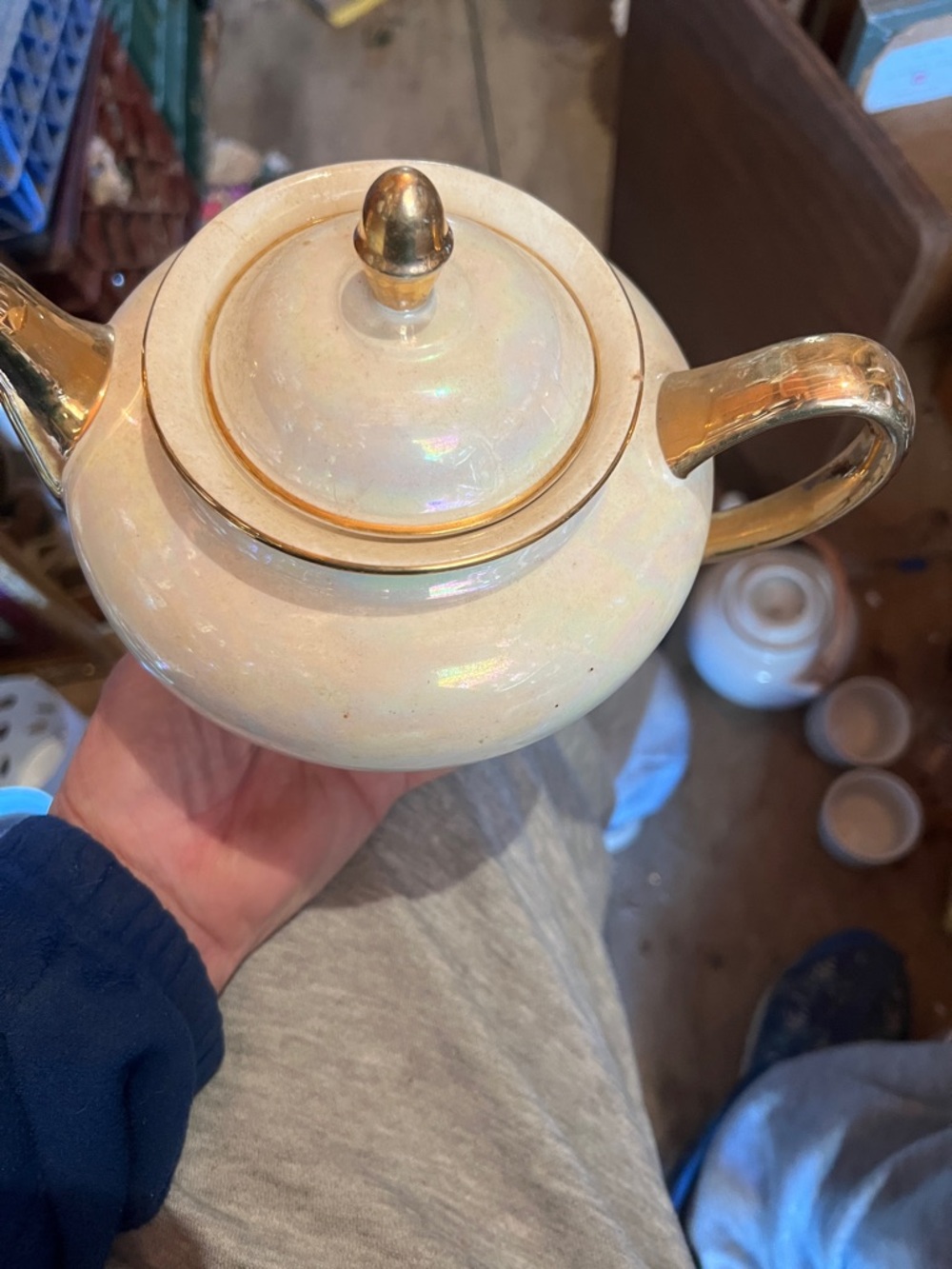 Vibtage Ivory Iridescent Ceramic Teapot with Gold Accents